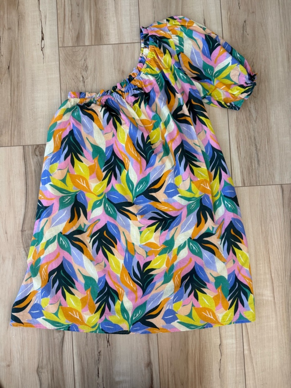 Women's M Spring off-shoulder Tropical Leaf Print Dress - Multicolor